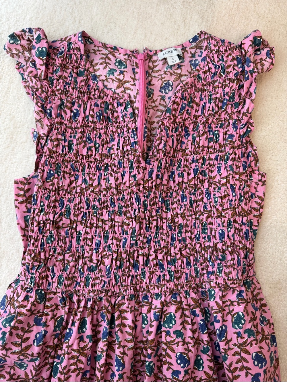 J. Crew Pink Floral Smocked Ruffle Sleeves Cotton Dress - Picture 2 of 7